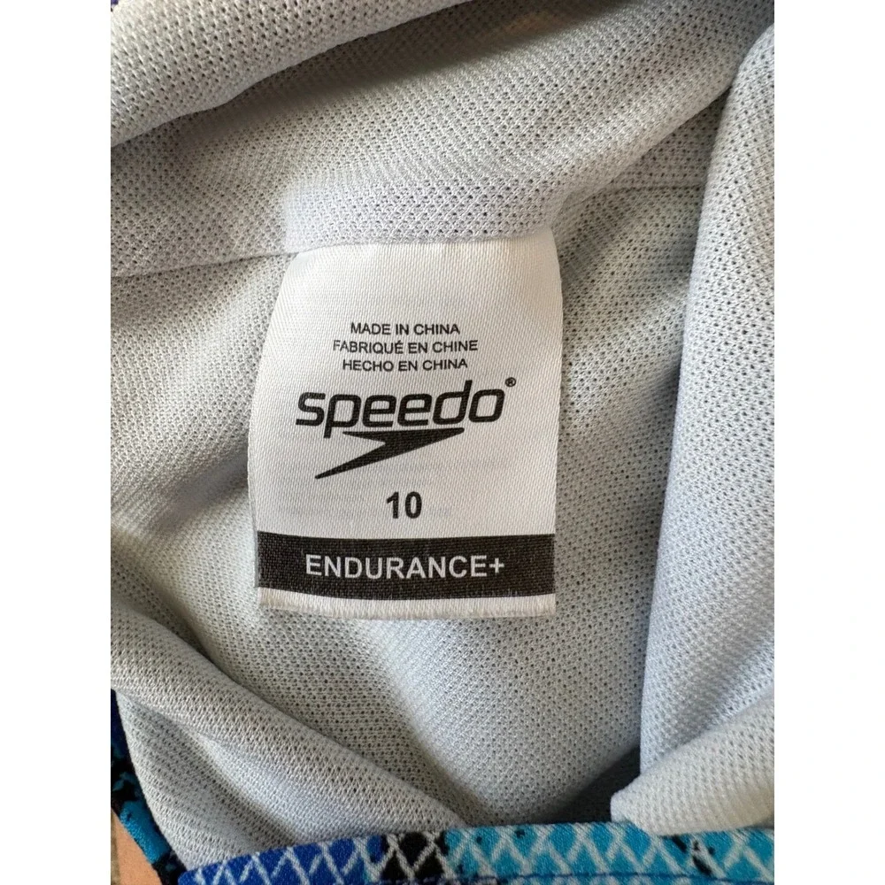 Speedo Endurance+ One Piece Swimsuit Blue Black Abstract Geometric Print Size 10